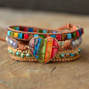 Handgefertigtes 7-Chakren Wickelarmband mit Herz in Edelstahlfassung